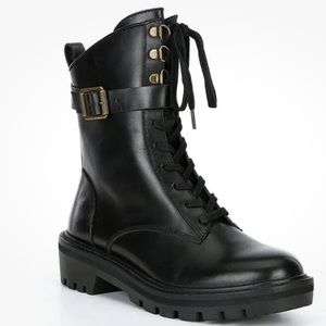 NWT Antonio Melani Black Dylan Buckle Leather Lug Sole Combat Booties Size 8